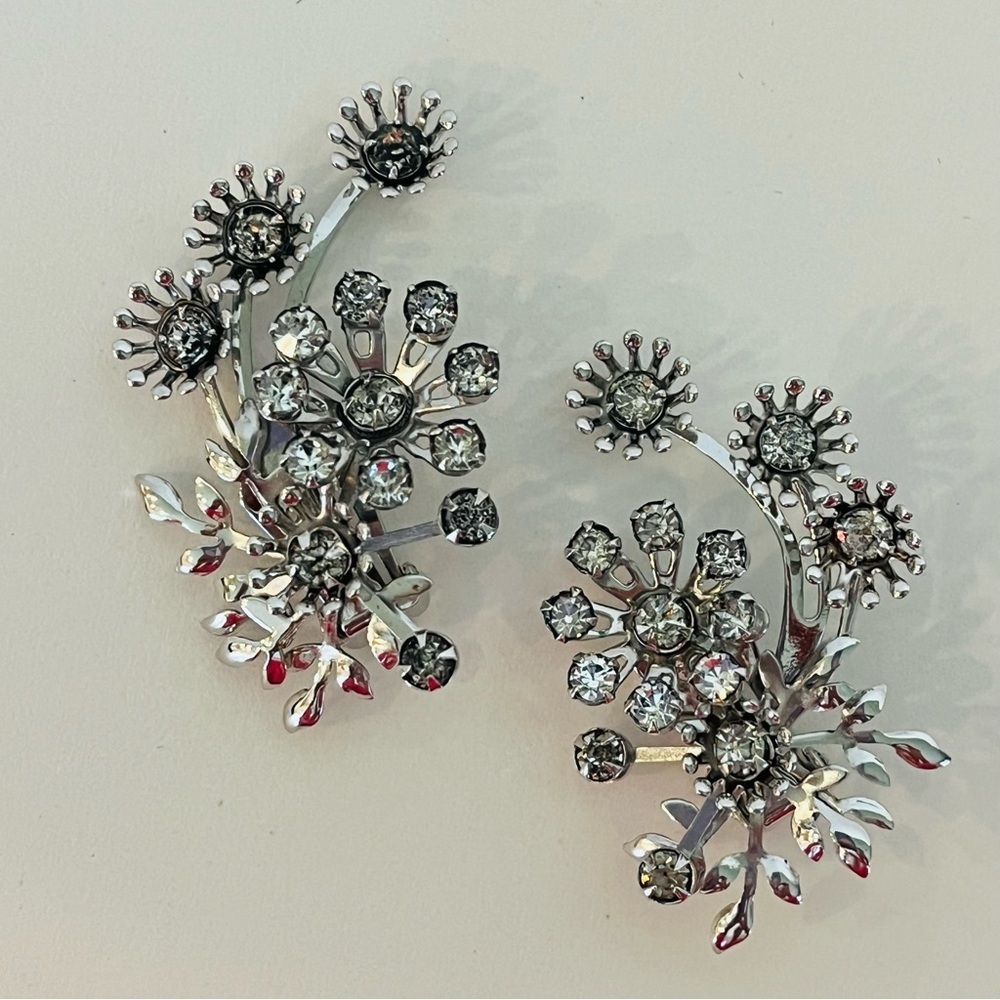 Silver and Crystal Floral Clip On Ear Climber Earrings - Picture 2 of 5
